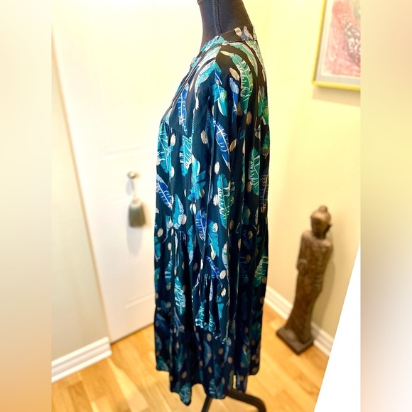 Italian linen black gold glitter leaf pattern tiered dress w/motherpearl buttons - Picture 5 of 13